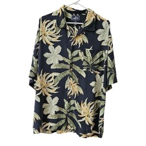 Bermuda Bay Hawaiian Shirt 100% Silk Men's Large Button Up Black Green Tropical